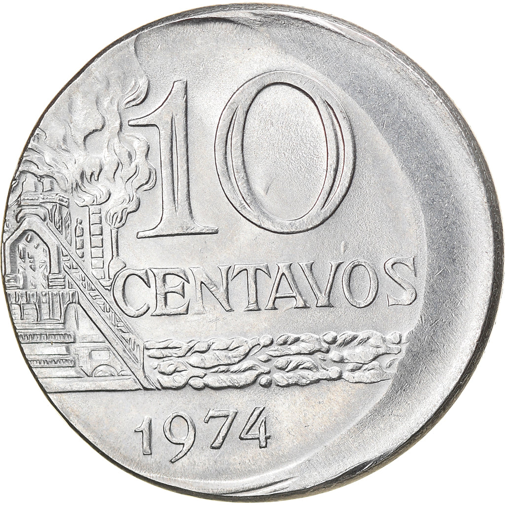 Moneda, Brasil, 10 Centavos, 1974, error off center strike, EBC, Acero