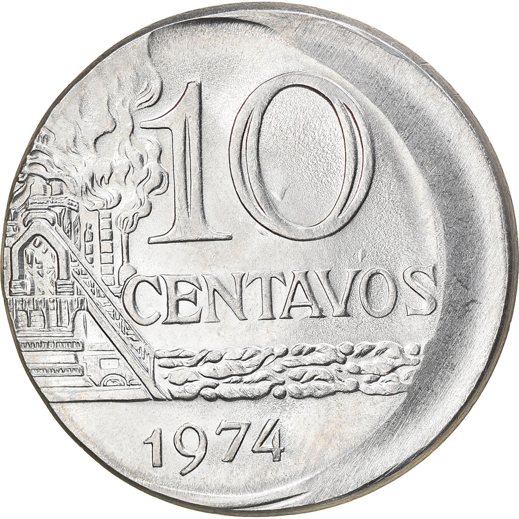 Moeda, Brasil, 10 Centavos, 1974, error off center strike, AU(55-58), Aço
