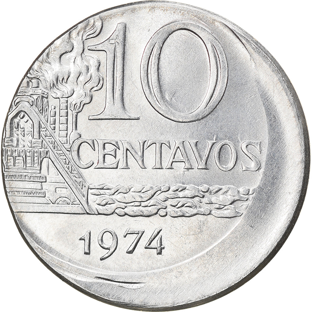 Munten, Brazilië, 10 Centavos, 1974, error off center strike, PR, Stainless