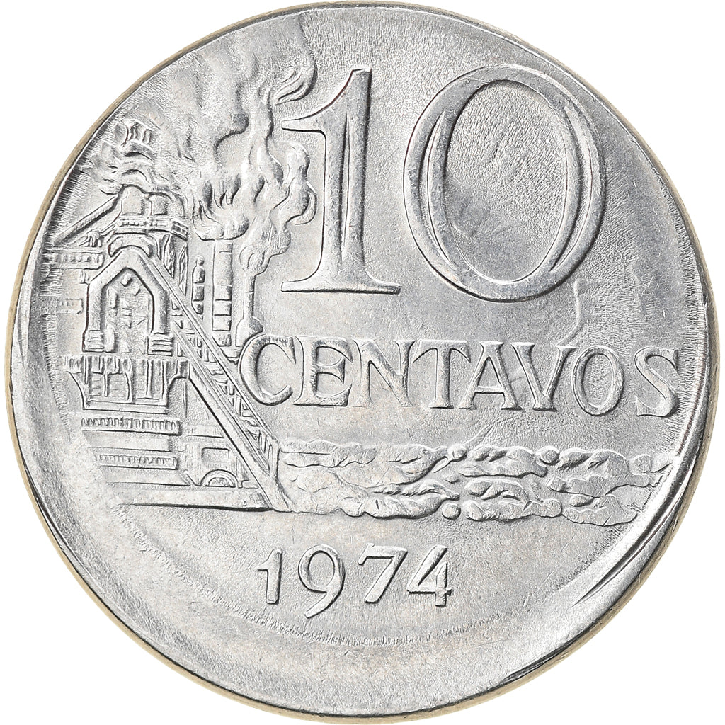 Moneda, Brasil, 10 Centavos, 1974, error off center strike, EBC, Acero