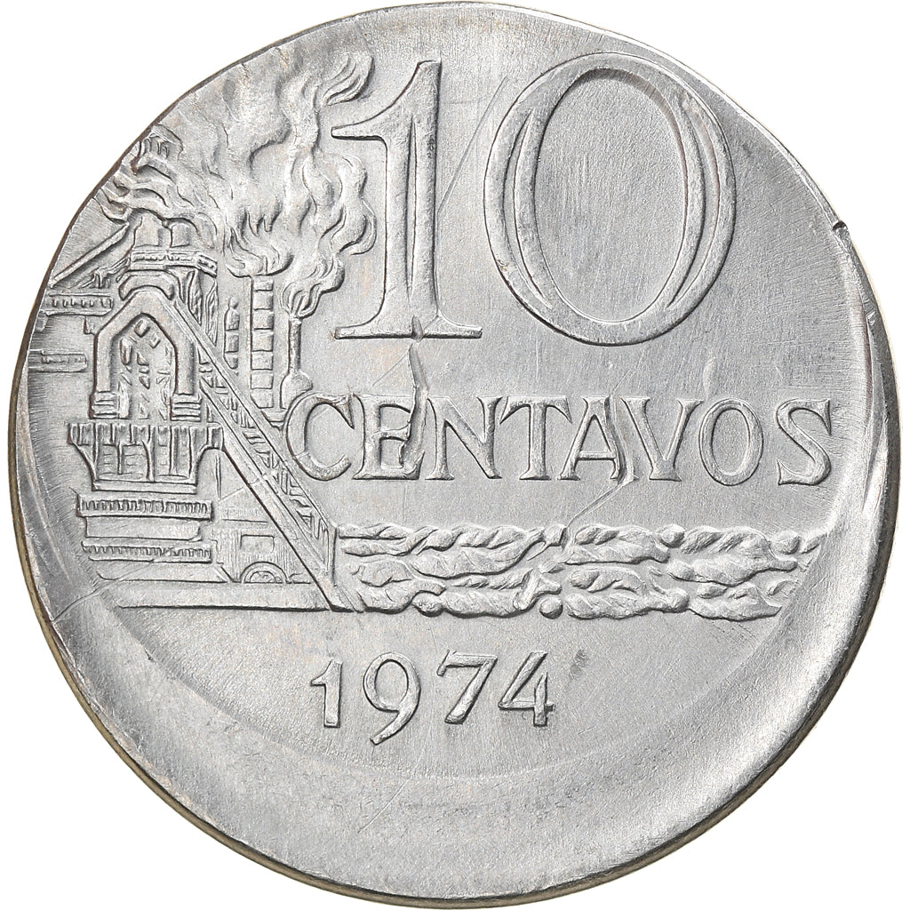 Moeda, Brasil, 10 Centavos, 1974, error off center strike, AU(50-53), Aço