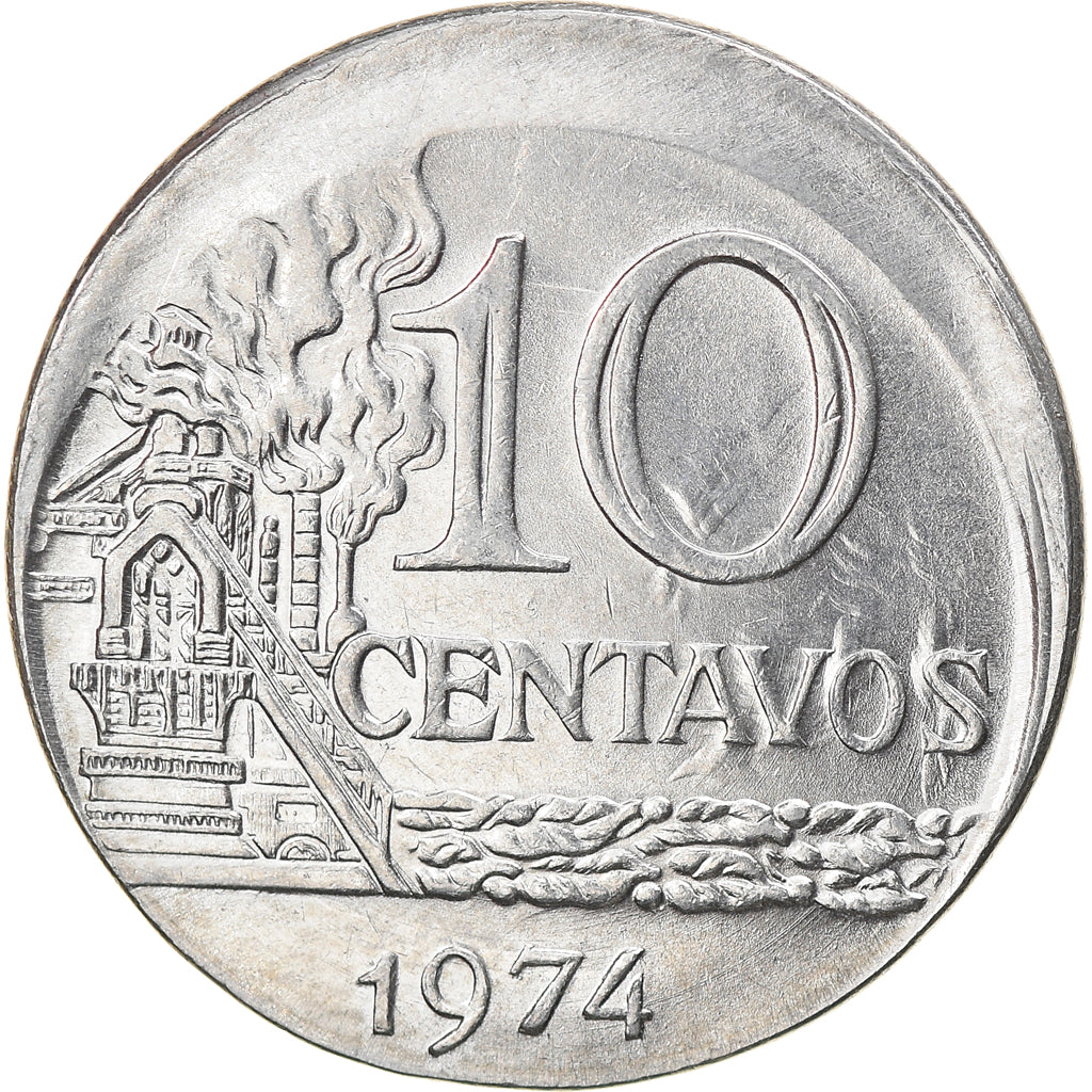Munten, Brazilië, 10 Centavos, 1974, error off center strike, PR, Stainless