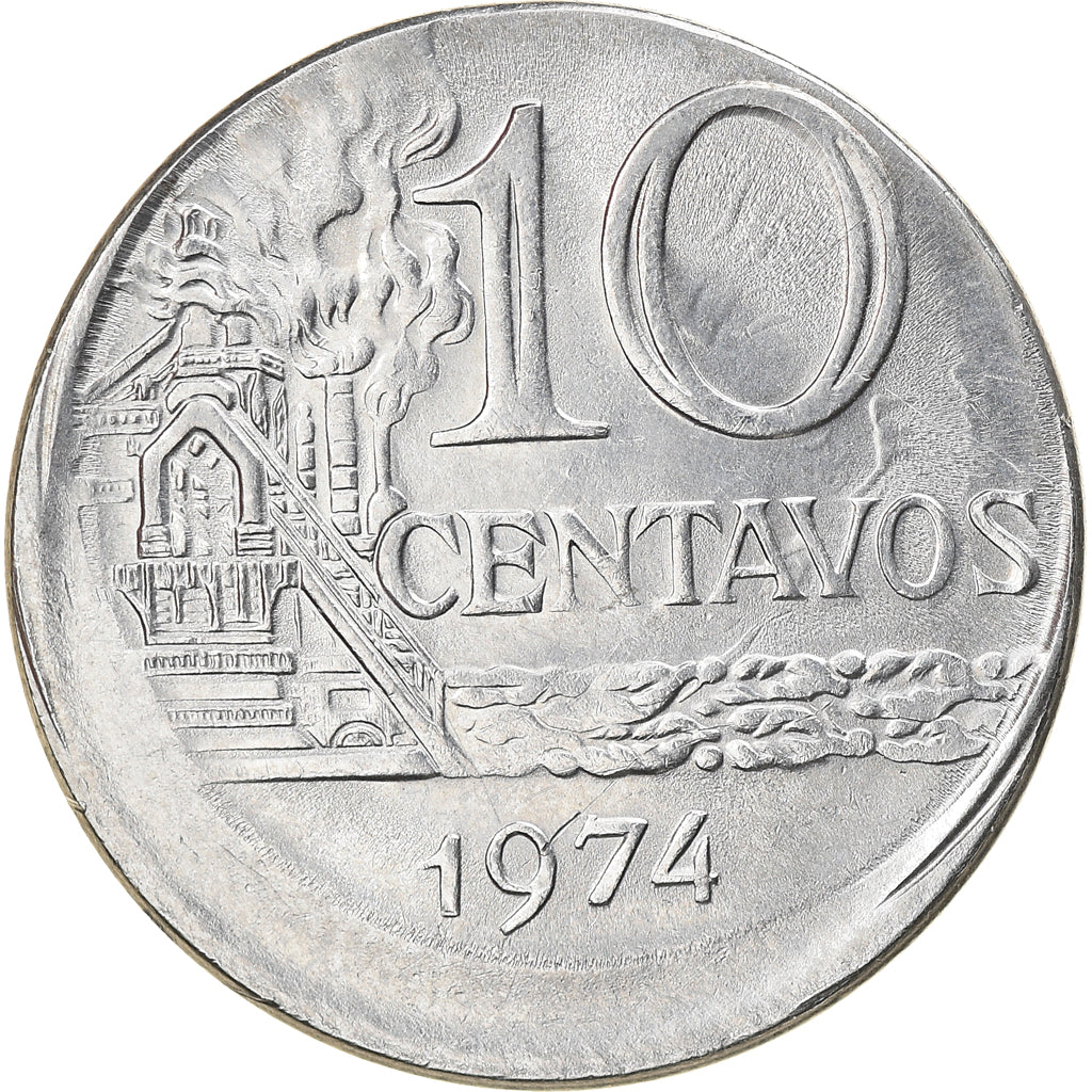 Moneda, Brasil, 10 Centavos, 1974, error off center strike, EBC, Acero