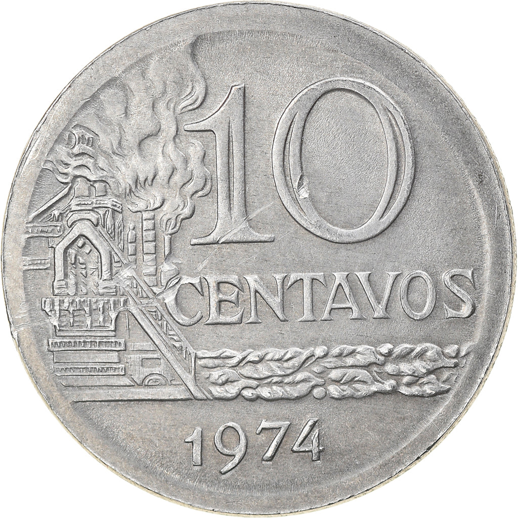 Munten, Brazilië, 10 Centavos, 1974, error broadstruck, ZF+, Stainless Steel