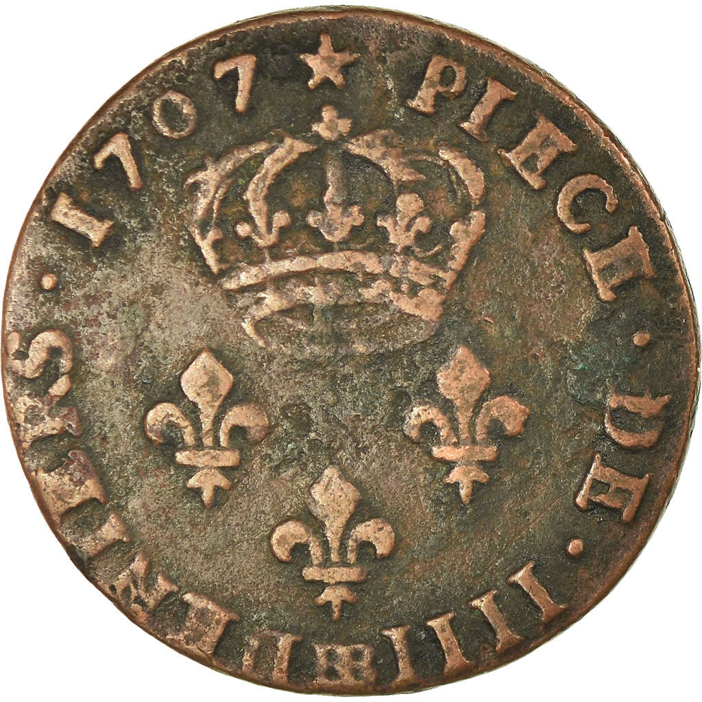 Moeda, França, Louis XIV, Quatre deniers de Strasbourg, 4 Deniers, 1707