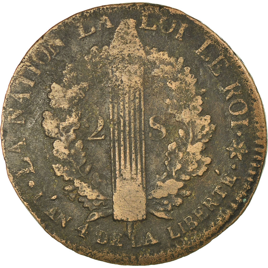 Coin, France, 2 sols français, 2 Sols, 1792, Strasbourg, VF(20-25), Bronze