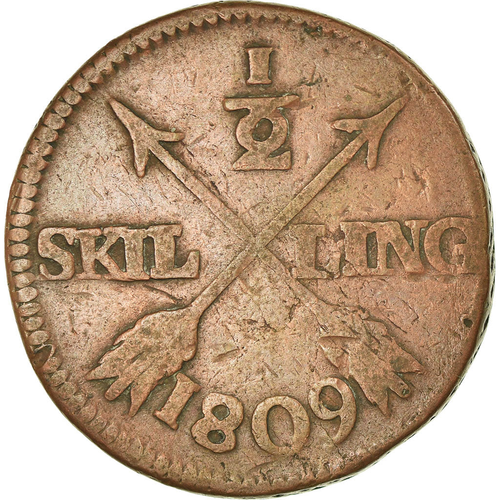 Moeda, Suécia, Gustaf IV Adolf, 1/2 Skilling, 1809, VF(30-35), Cobre, KM:565