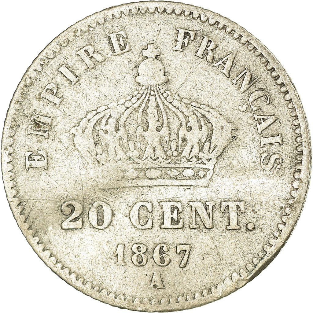 Moneda, Francia, Napoleon III, Napoléon III, 20 Centimes, 1867, Paris, BC+