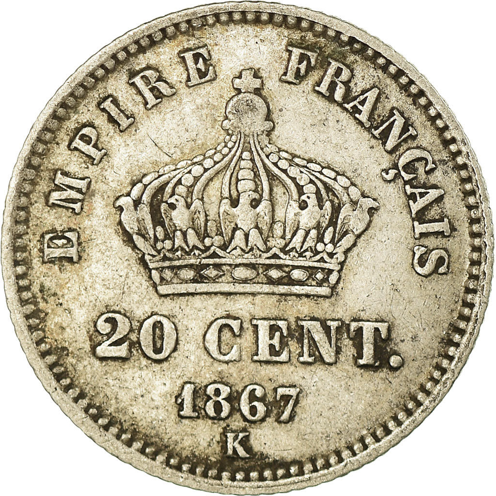 Moneda, Francia, Napoleon III, Napoléon III, 20 Centimes, 1867, Bordeaux, BC+