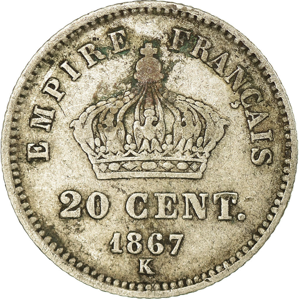 Moneda, Francia, Napoleon III, Napoléon III, 20 Centimes, 1867, Bordeaux, BC+