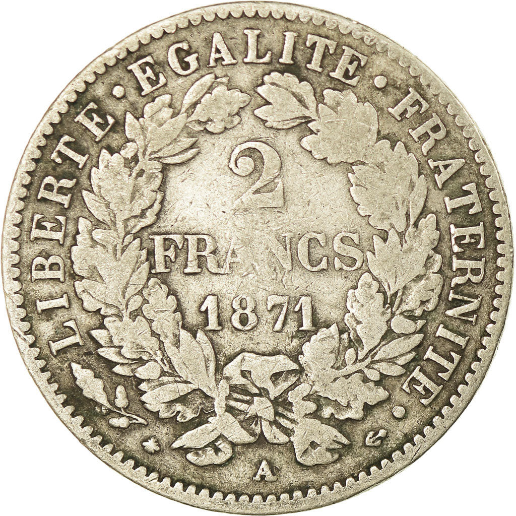 Francia, Cérès, 2 Francs, 1871, Paris, BC+, Plata, KM:817.1, Gadoury:530
