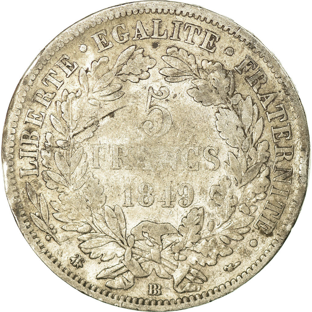 Coin, France, Cérès, 5 Francs, 1849, Strasbourg, VF(20-25), Silver, KM:761.2