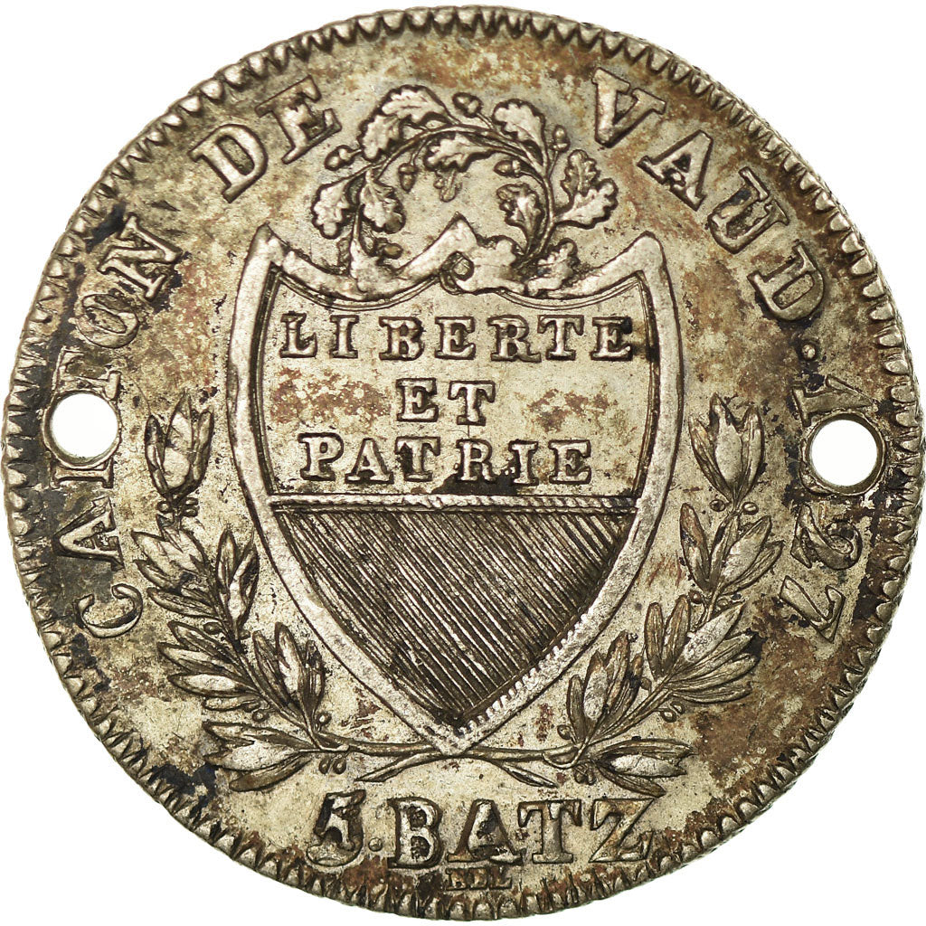 Moneda, CANTONES SUIZOS, VAUD, 5 Batzen, 1827, MBC+, Plata, KM:21.2