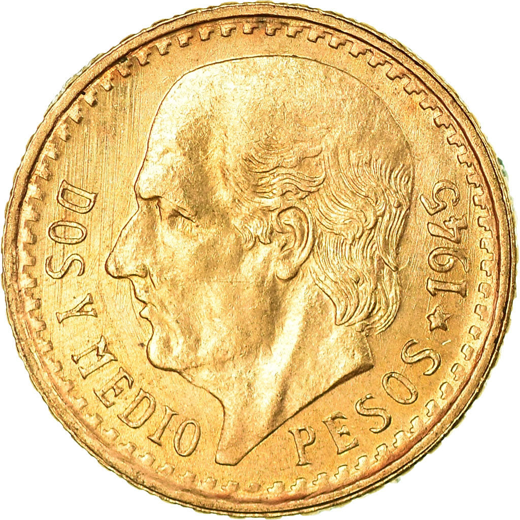 Moneda, México, 2-1/2 Pesos, 1945, Mexico City, EBC, Oro, KM:463