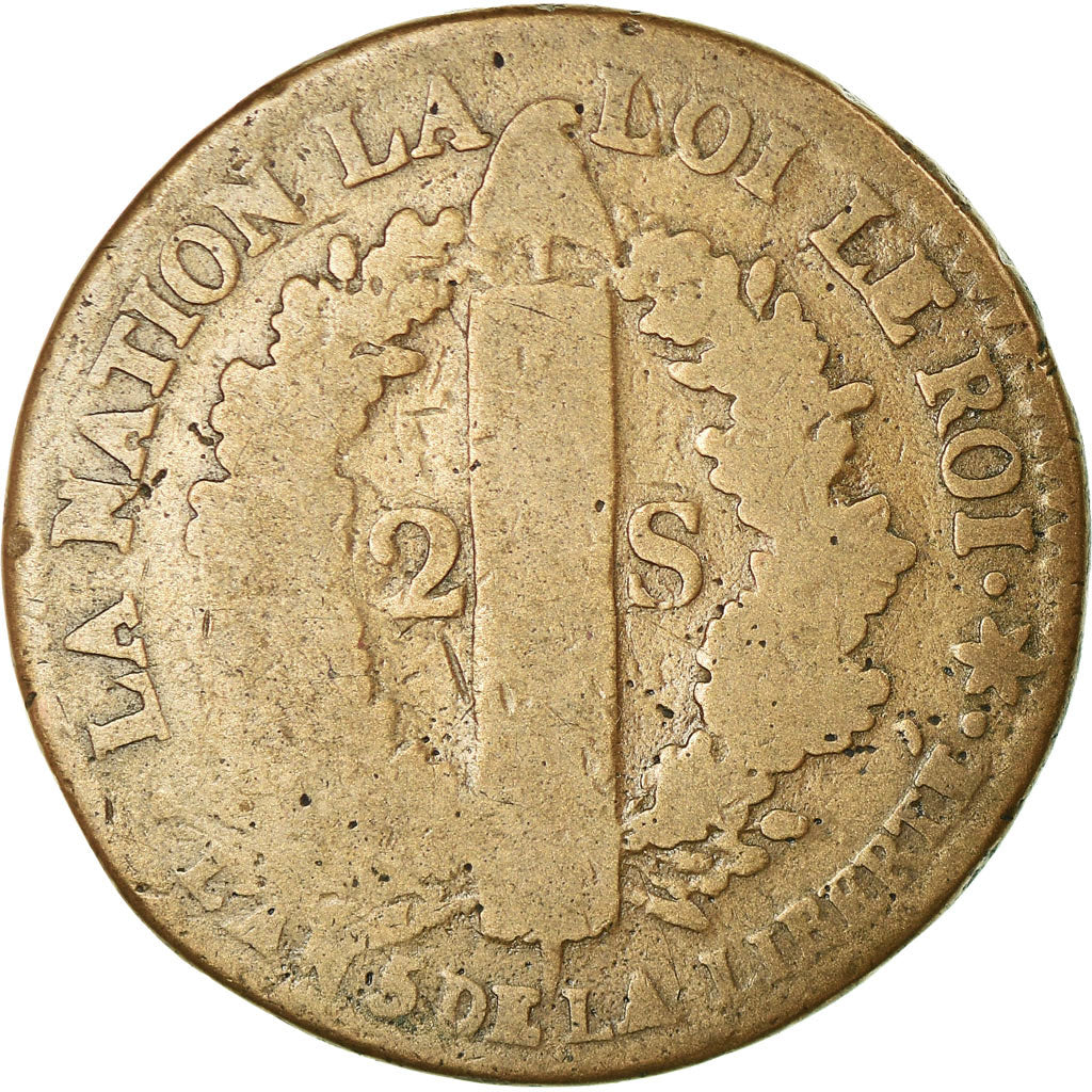 Moneta, Francia, 2 sols français, 2 Sols, 1793, Strasbourg, MB, Bronzo, KM:612