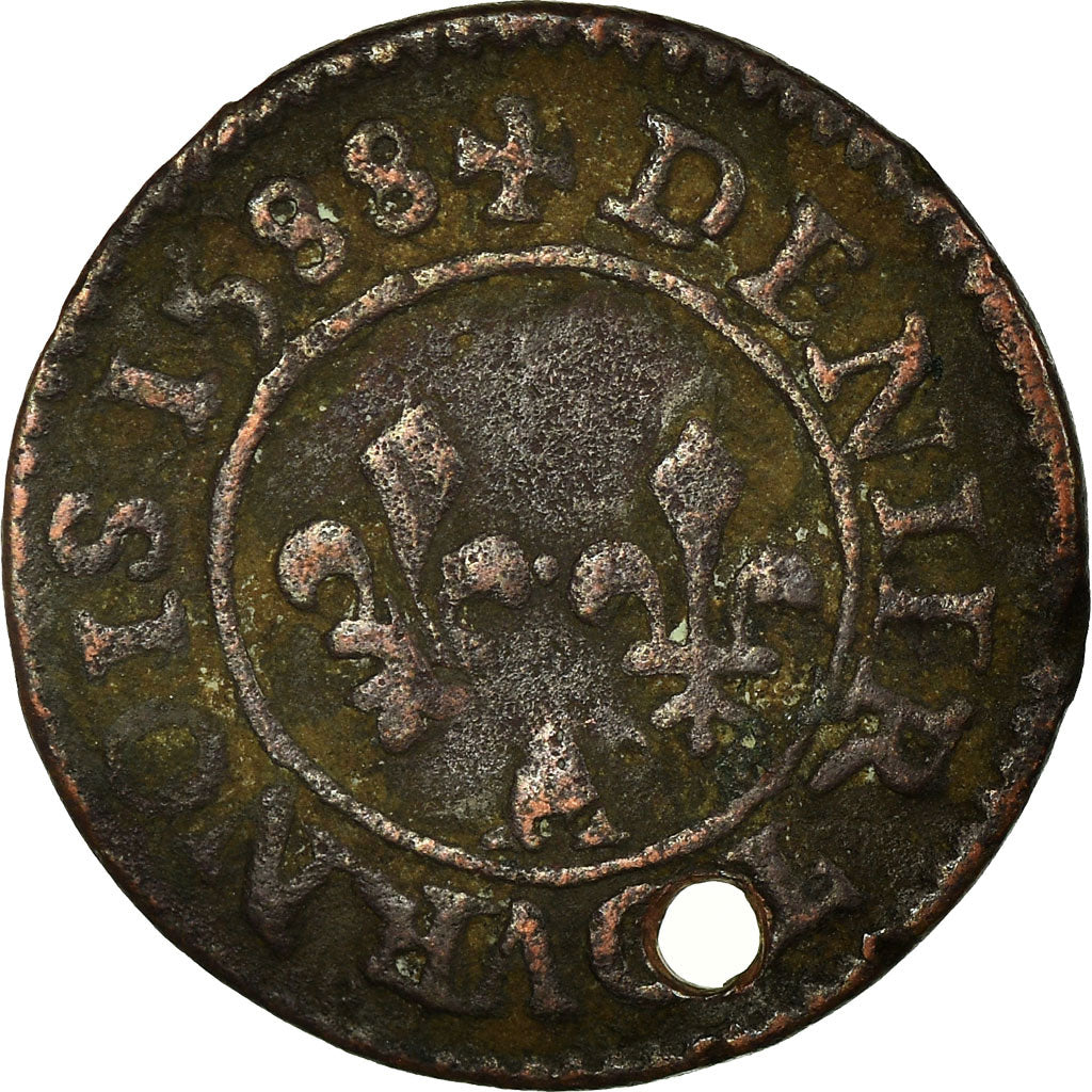 Monnaie, France, Denier Tournois, 1588, Paris, TB+, Cuivre, Sombart:4074