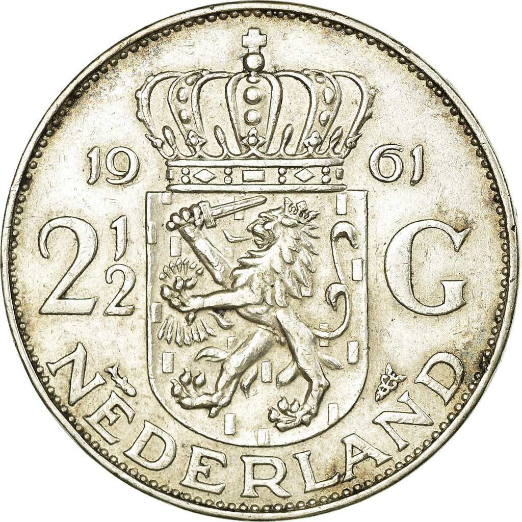 Coin, Netherlands, Juliana, 2-1/2 Gulden, 1961, EF(40-45), Silver, KM:185