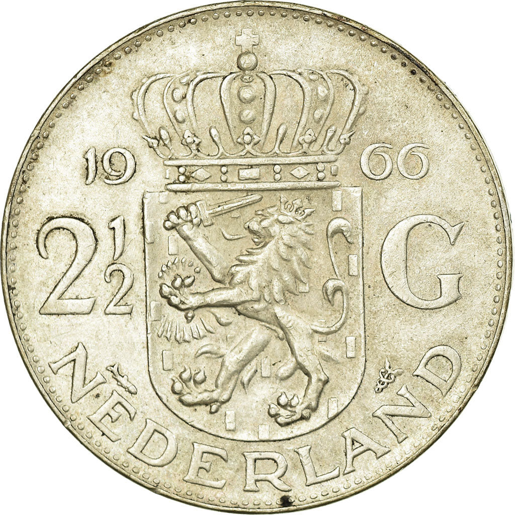 Coin, Netherlands, Juliana, 2-1/2 Gulden, 1966, EF(40-45), Silver, KM:185