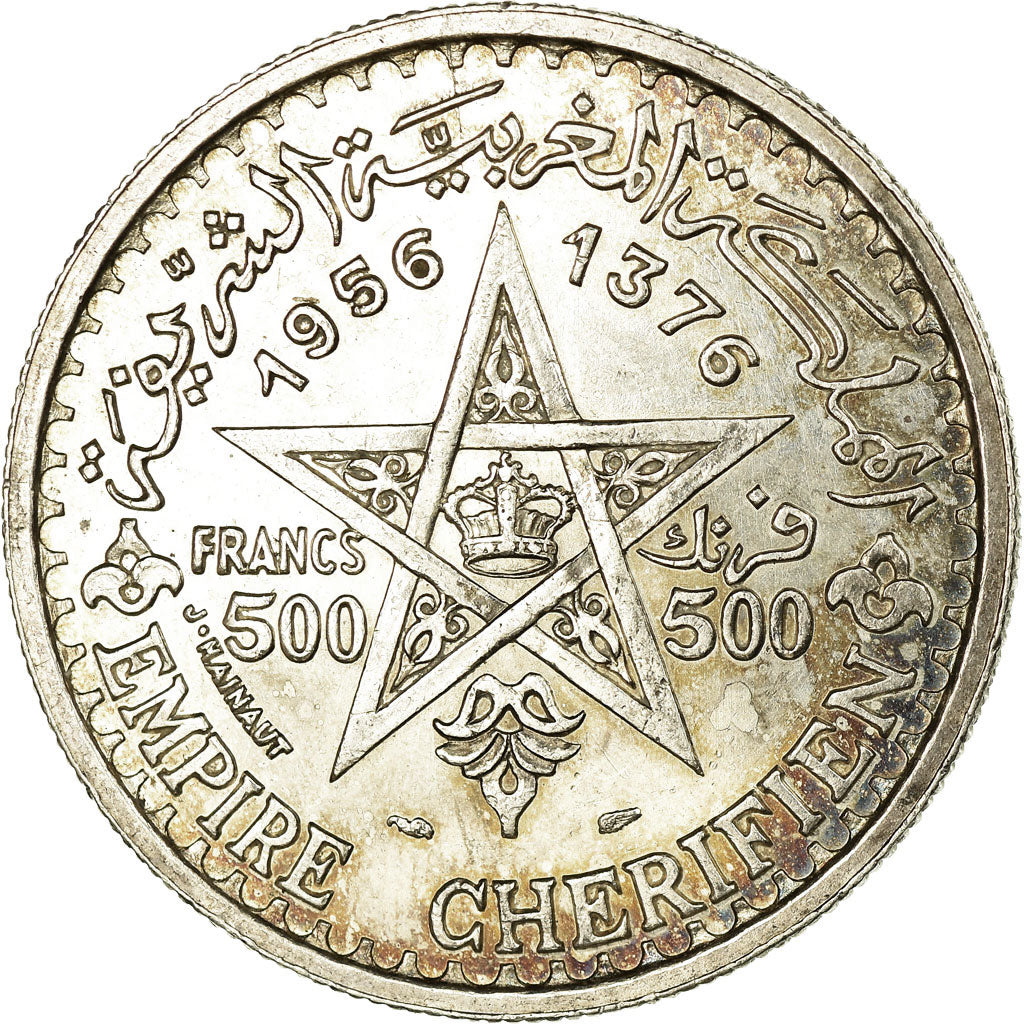 Coin, Morocco, Mohammed V, 500 Francs, 1956, Paris, AU(50-53), Silver, KM:54