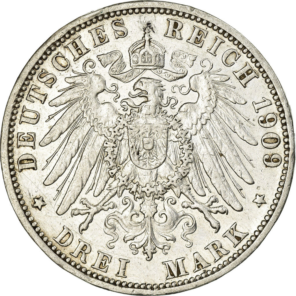 Coin, German States, BADEN, Friedrich II, 3 Mark, 1909, Stuttgart, AU(50-53)