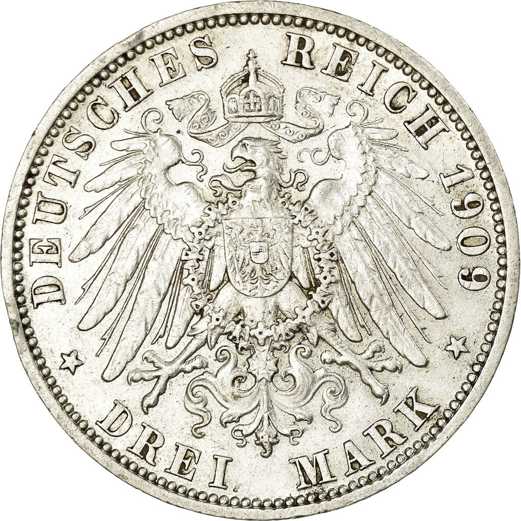 Coin, German States, PRUSSIA, Wilhelm II, 3 Mark, 1909 A, AU(50-53), KM 527