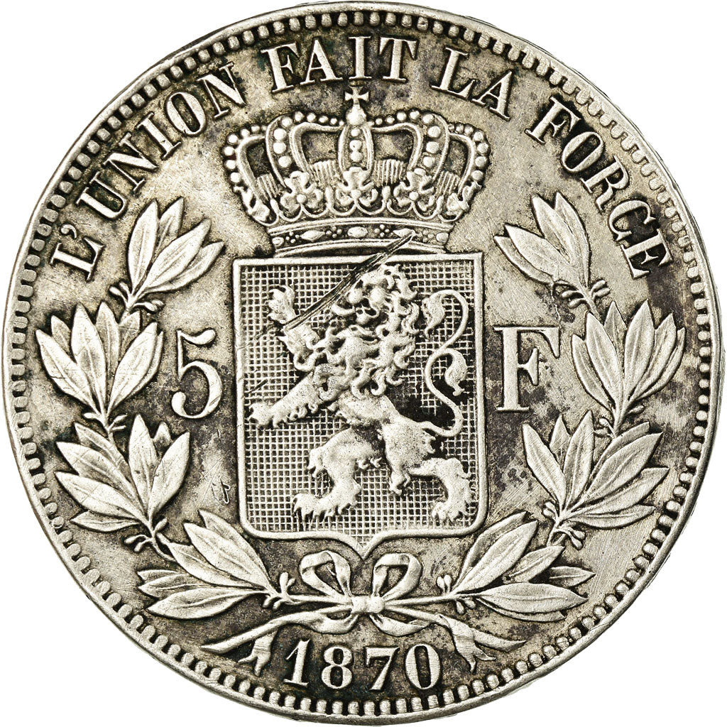 BELGIUM, 5 Francs, 5 Frank, 1870, KM #24, EF(40-45), Silver, 24.73