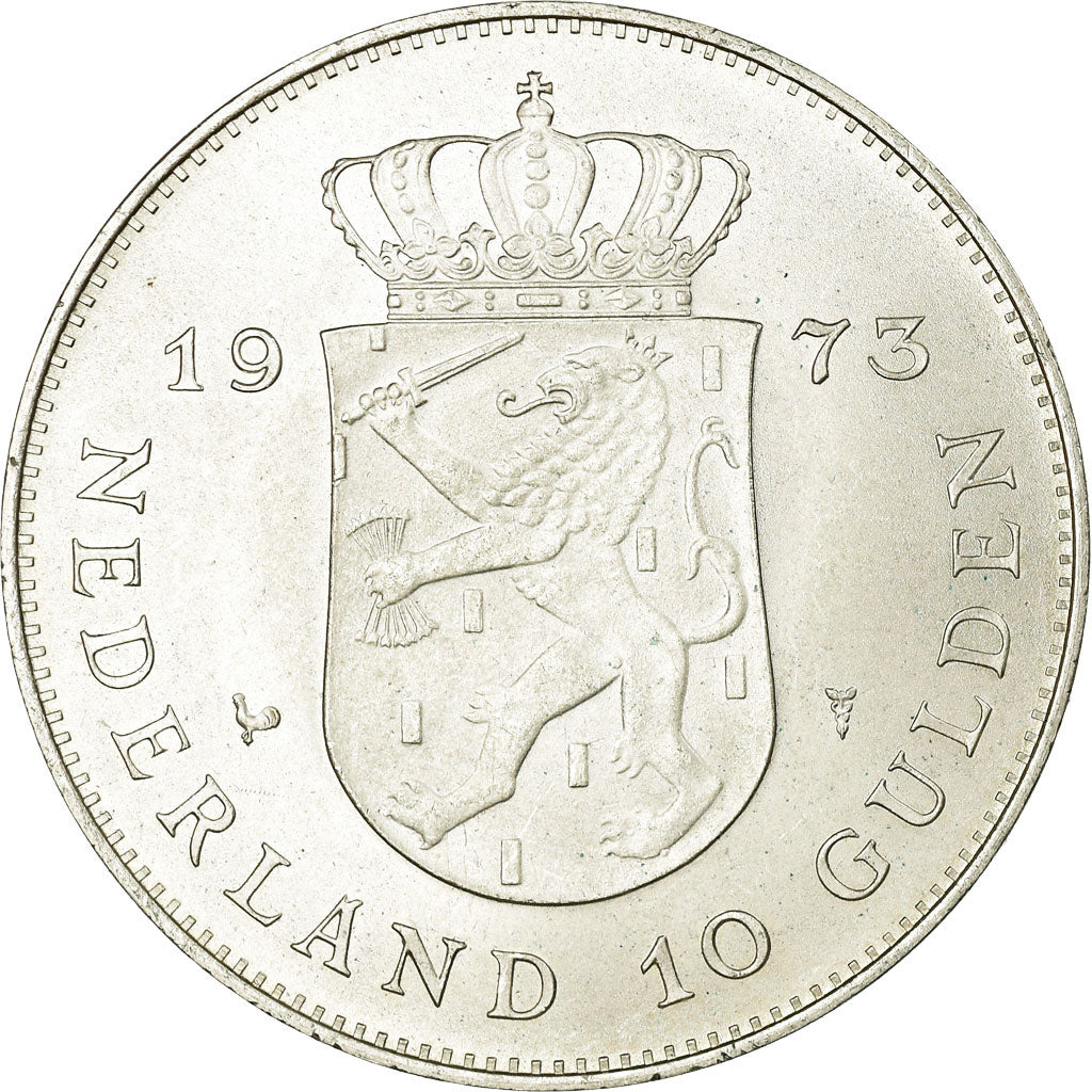 Munten, Nederland, Juliana, 10 Gulden, 1973, Utrecht, ZF+, Zilver, KM:196