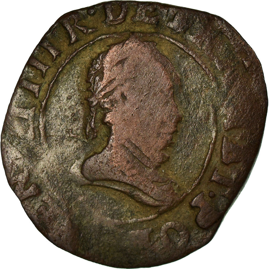 Coin, France, Henri III, Double Tournois, 1589, Rouen, VG(8-10), Copper