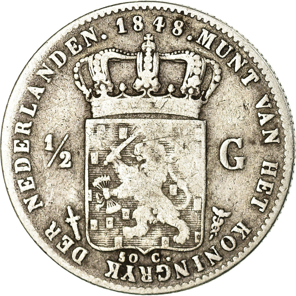 Coin, Netherlands, William II, 1/2 Gulden, 1848, Utrecht, VF(20-25), Silver