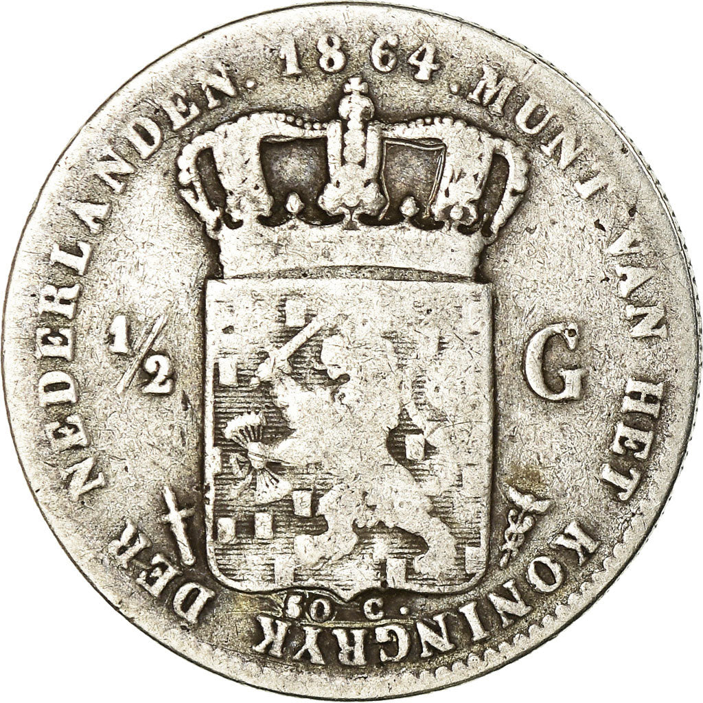 Coin, Netherlands, William III, 1/2 Gulden, 1864, Utrecht, F(12-15), Silver