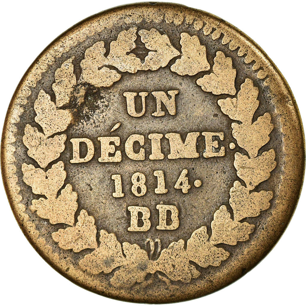 Moneta, Francia, Louis XVIII, Decime, 1814, Strasbourg, MB, Bronzo, KM:701