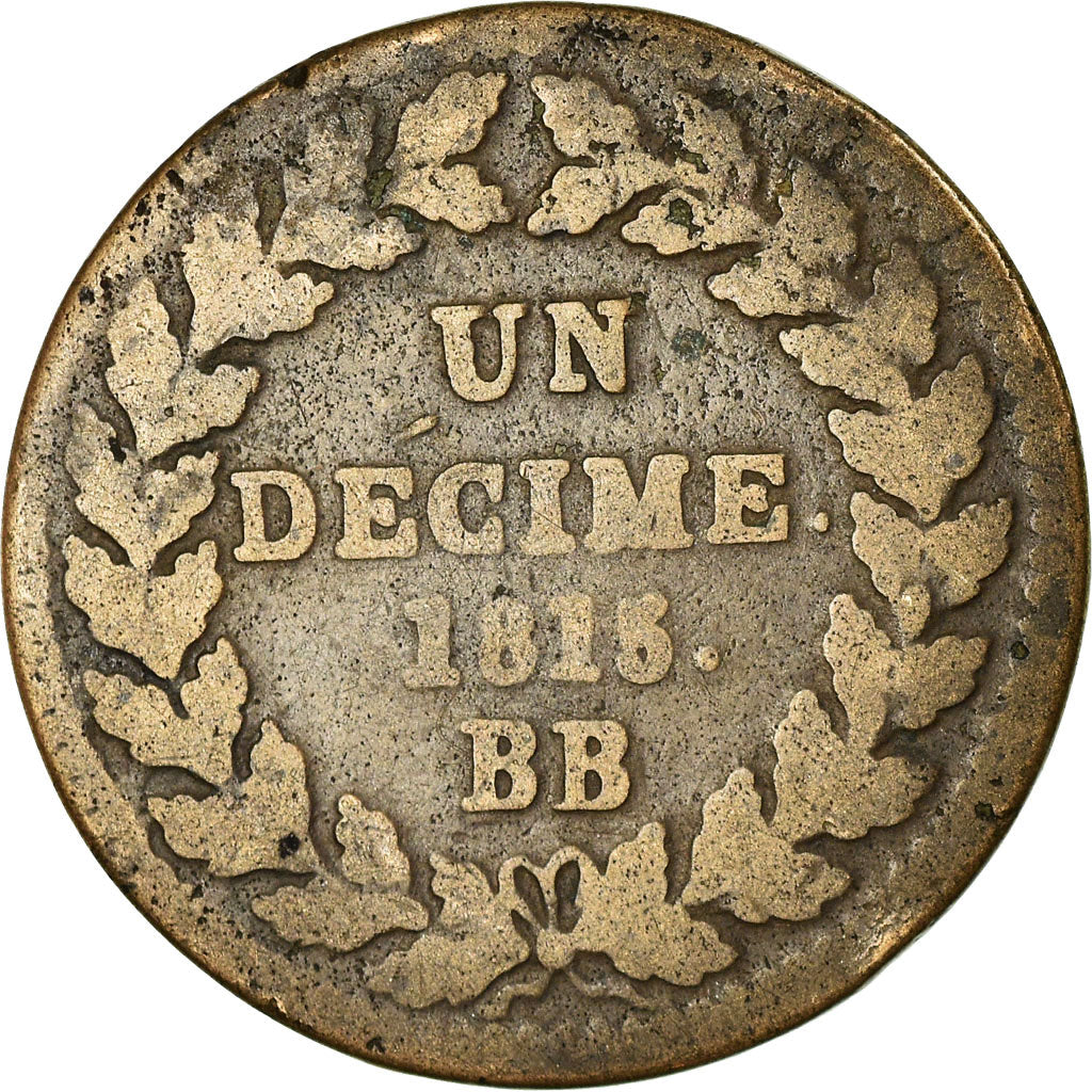 Moneta, Francia, Louis XVIII, Decime, 1815, Strasbourg, MB, Bronzo, KM:701
