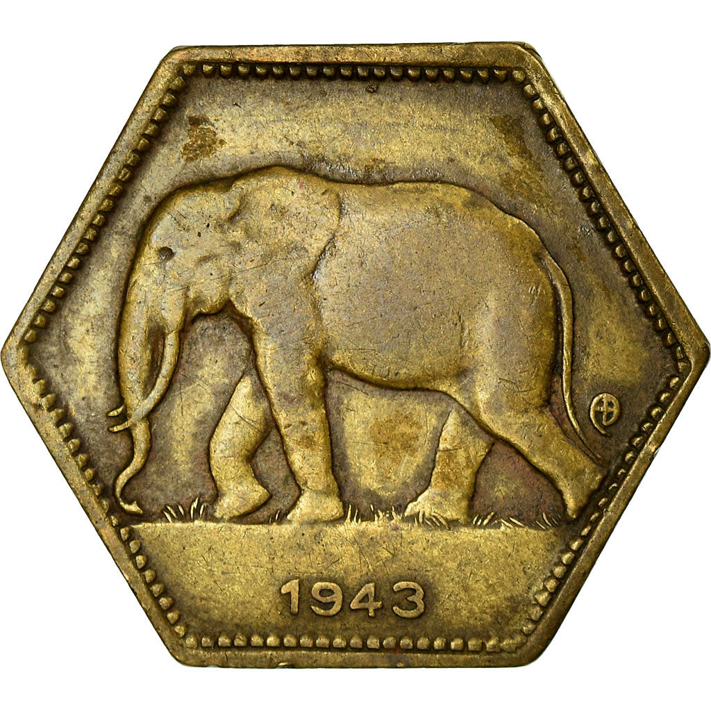 Coin, Belgian Congo, 2 Francs, 1943, Philadelphia, EF(40-45), Brass, KM:25