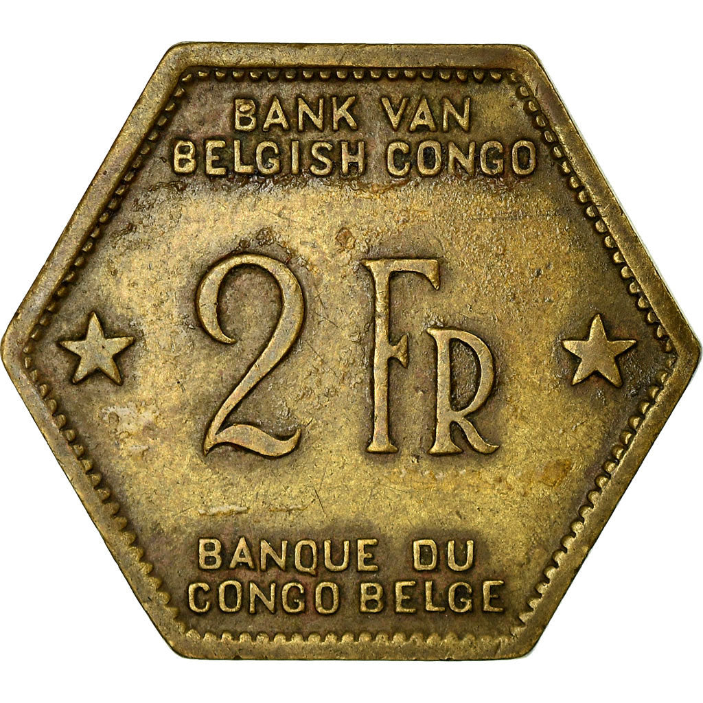 Coin, Belgian Congo, 2 Francs, 1943, Philadelphia, EF(40-45), Brass, KM:25