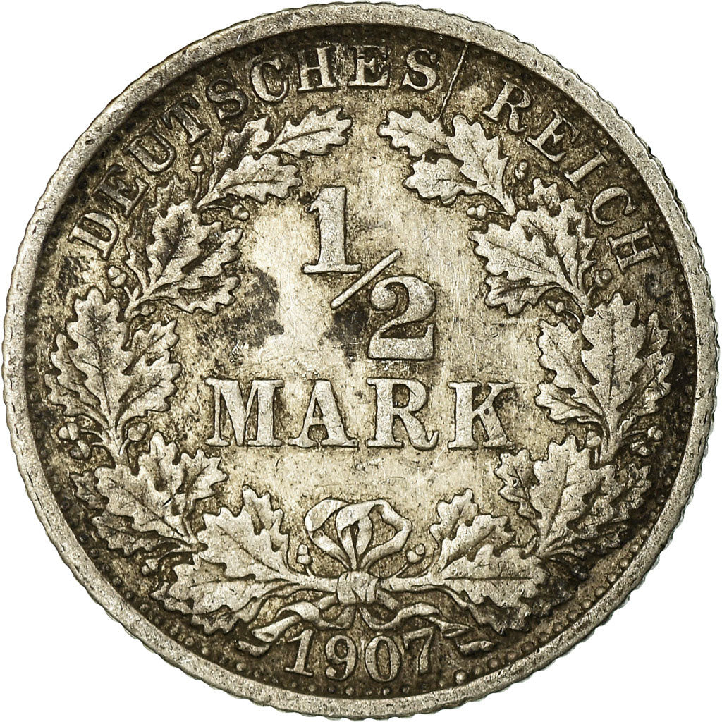 Coin, GERMANY - EMPIRE, 1/2 Mark, 1907, Stuttgart, EF(40-45), Silver, KM:17