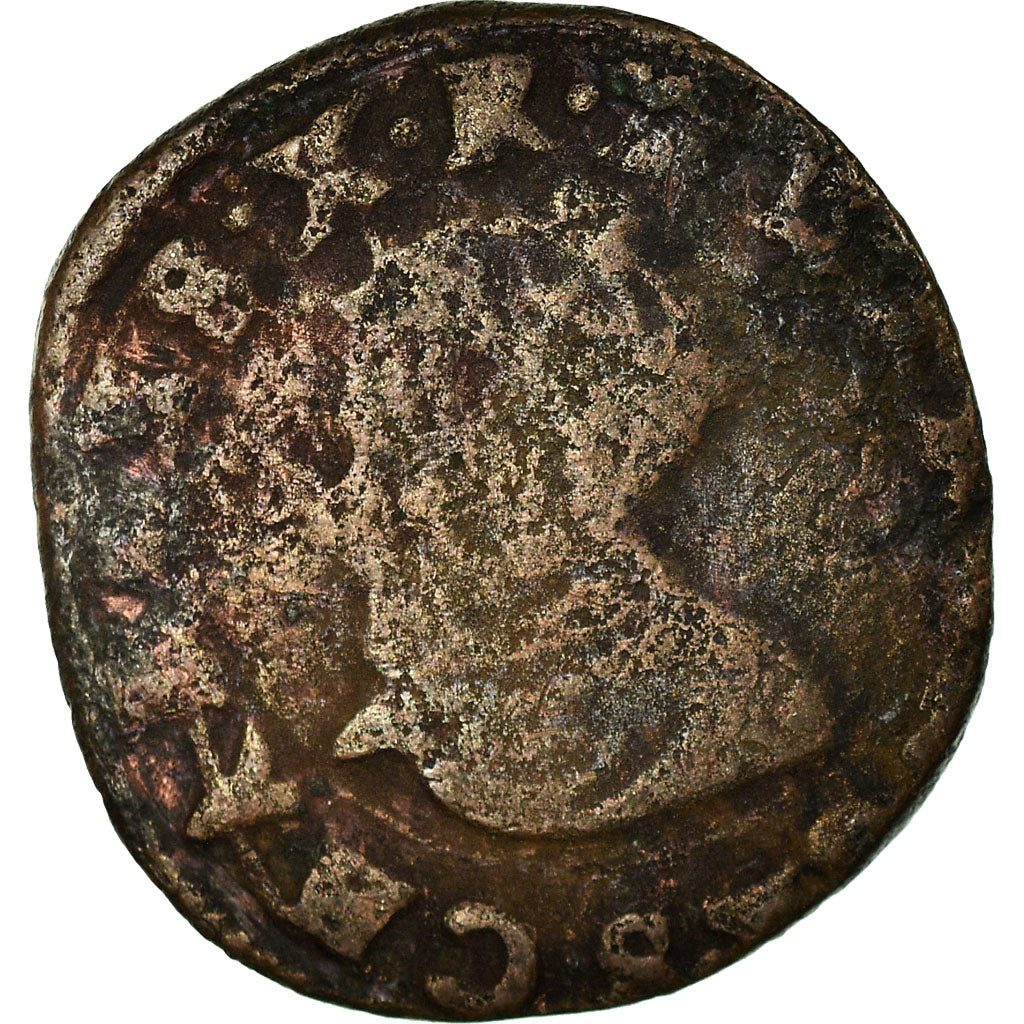 Moneta, Francia, Charles X, Double Tournois, 1592, Troyes, MB, Rame