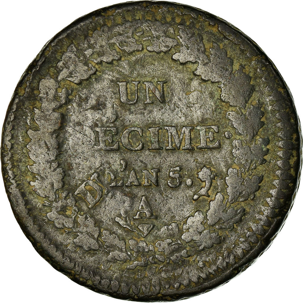 Monnaie, France, Dupré, Decime, AN 5, Paris, Surfrappe du Décime, TB, Bronze
