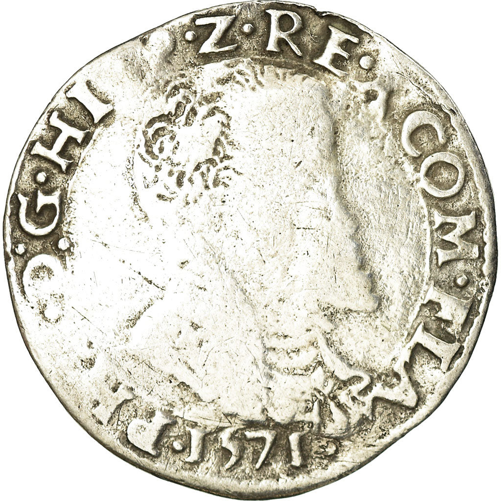 Coin, Spanish Netherlands, Philip II, 1/10 Ecu, 1571, Bruges, VF(20-25), Silver