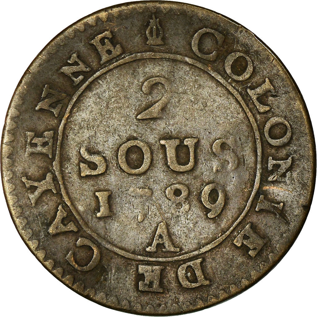 Moneda, GUAYANA FRANCESA, 2 Sous, 1789, Paris, BC+, Vellón, KM:1, Lecompte:20