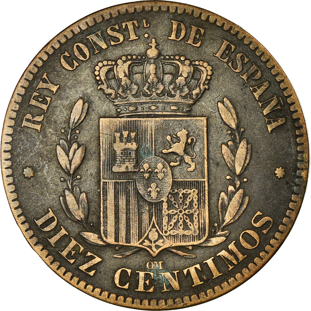 SPAIN, 10 Centimos, 1878, KM #675, VF(30-35), Bronze, 10.10