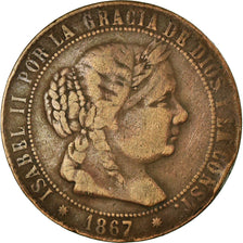 Moneda, España, Isabel II, 5 Centimos, 1867, Madrid, BC+, Cobre, KM:635.1