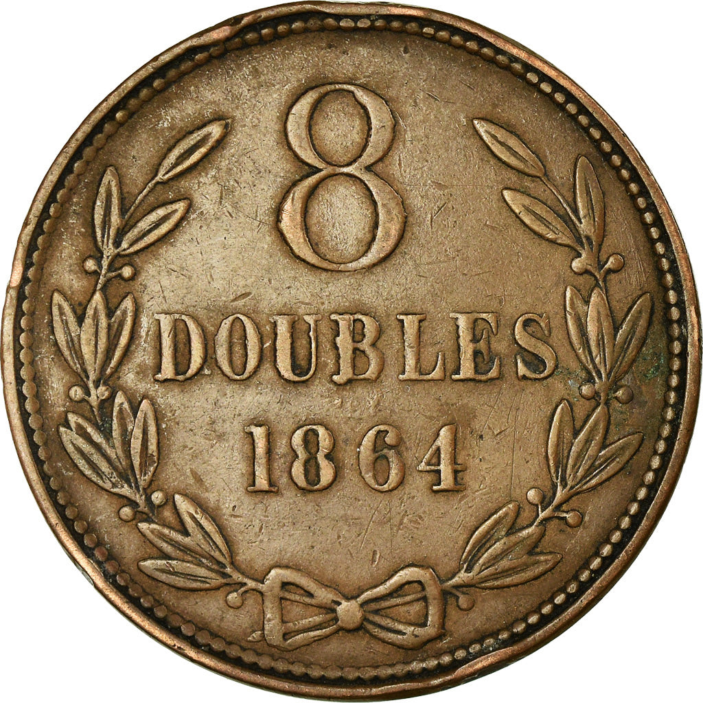 Coin, Guernsey, 8 Doubles, 1864, Heaton, Birmingham, EF(40-45), Bronze, KM:7