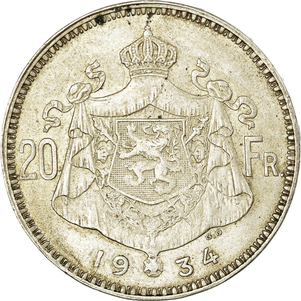 Coin, Belgium, 20 Francs, 20 Frank, 1934, EF(40-45), Silver, KM:104.1