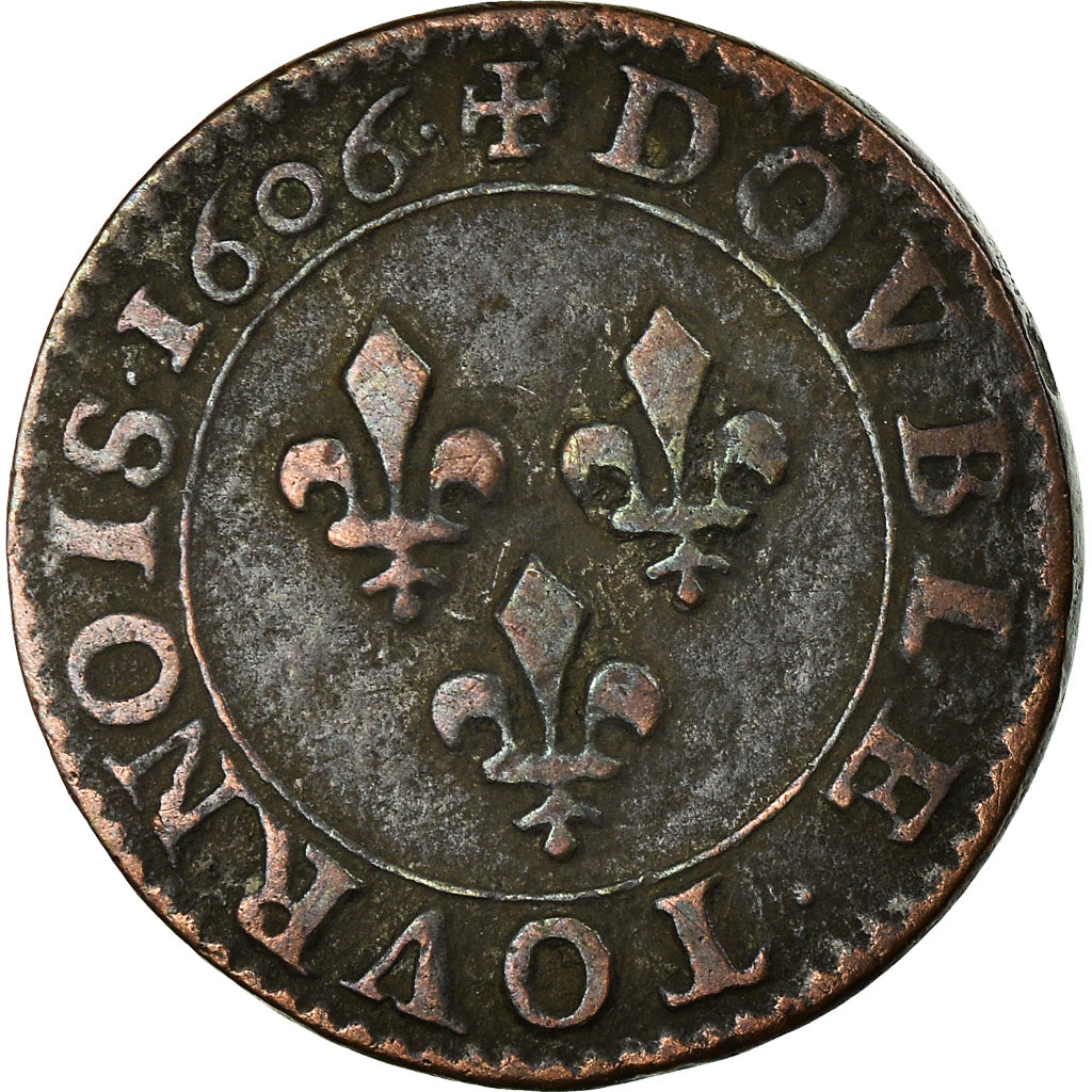 Coin, France, Henri IV, Double Tournois, 1606, Paris, VF(30-35), Copper