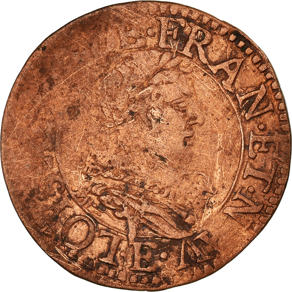 Moeda, França, Louis XIII, Double tournois, buste juvénile au col fraisé