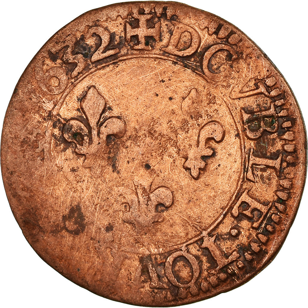 Moeda, França, Louis XIII, Double tournois, buste juvénile au col fraisé