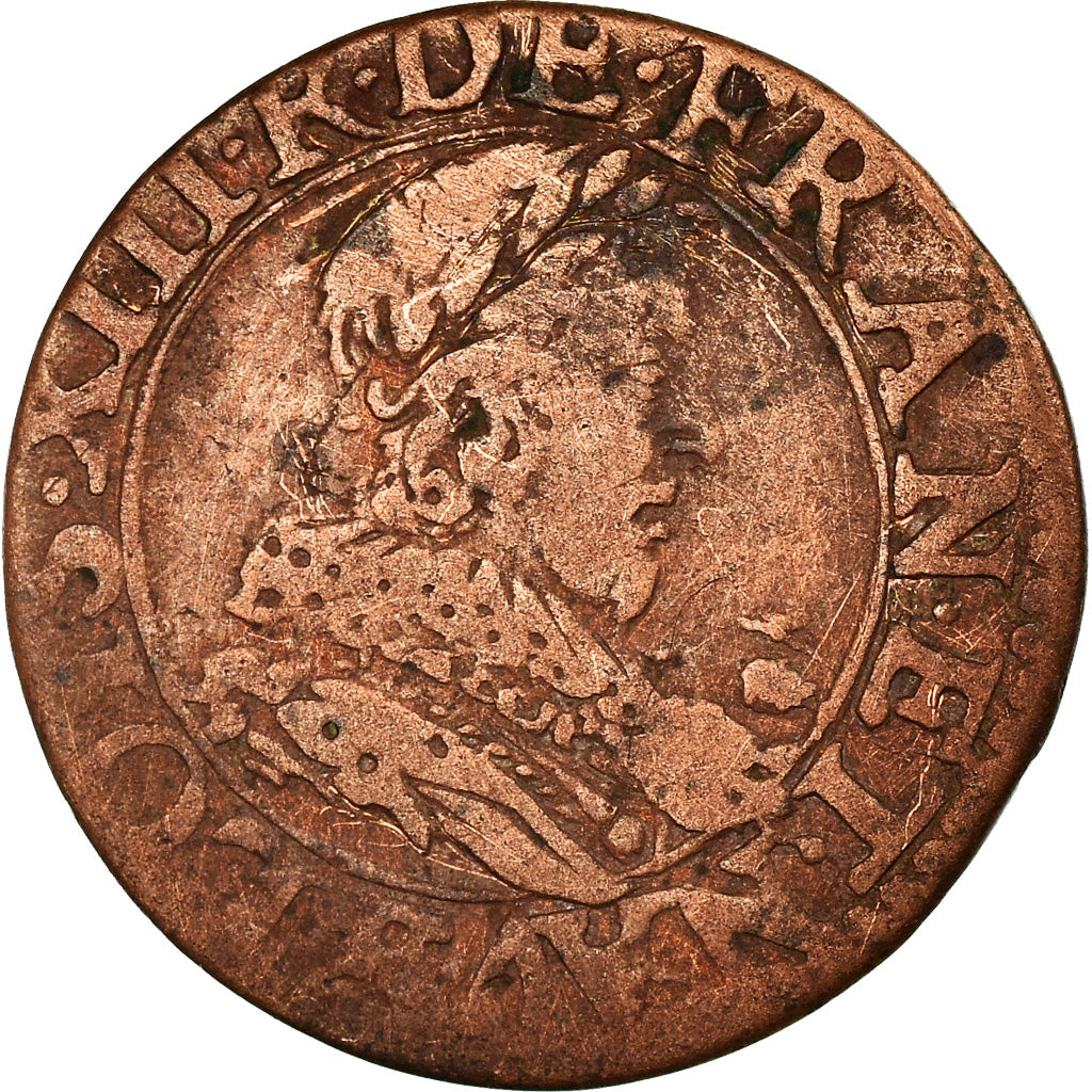 Moeda, França, Louis XIII, Double tournois, buste juvénile au col fraisé