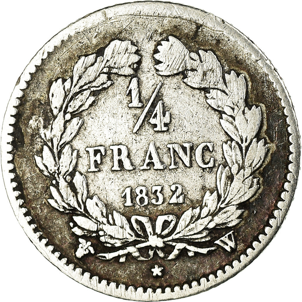 Moneda, Francia, Louis-Philippe, 1/4 Franc, 1832, Lille, BC+, Plata, KM:740.13
