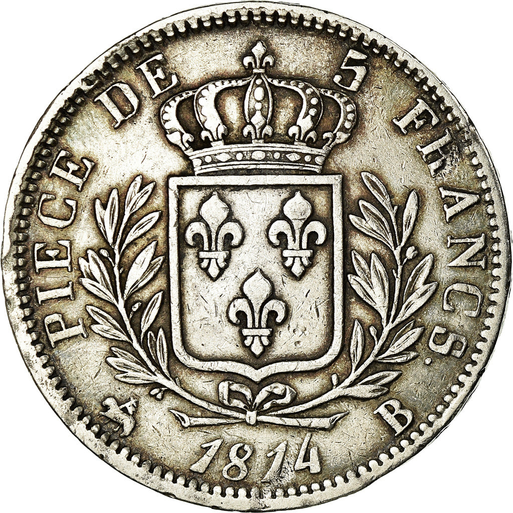 Munten, Frankrijk, Louis XVIII, Louis XVIII, 5 Francs, 1814, Rouen, ZF, Zilver
