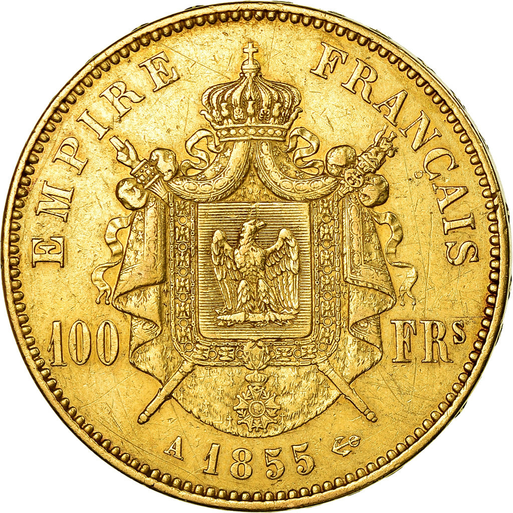 Moneta, Francia, Napoleon III, 100 Francs, 1855, Paris, BB, Oro, KM:786.1